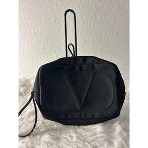 Valentino Beauty Black Toiletry Bag "V" Logo & Studded Zipper Big Black Pouch.